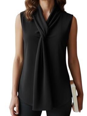 JM Fleurette Elegant Black Tie-Neck Sleeveless Camisole Top Size Large